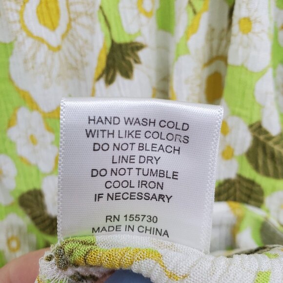 Boho Floral Crinkle Blouse Ruffle Neck Lime Green Top L Cottagecore Peasant - Picture 14 of 16